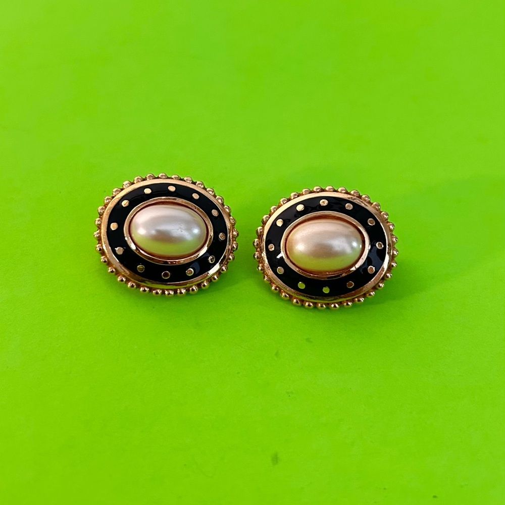 Vintage Burberry Gold-Tone Black Enamel Pearl Center Earrings